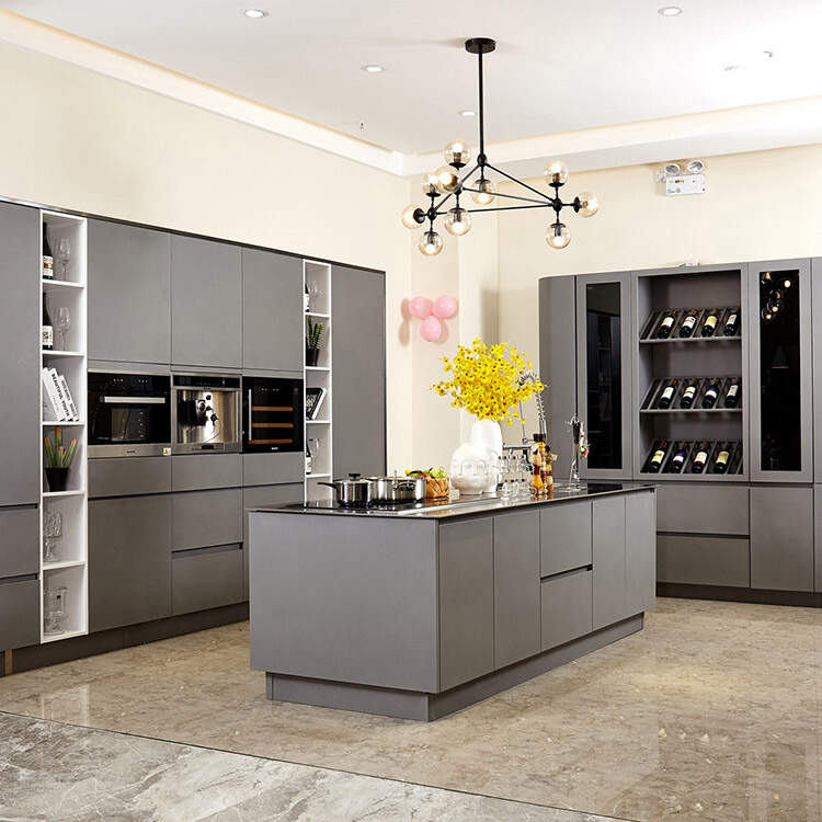 Gray Glossy 304 Stainless Steel Kitchen Cabinets Customized Luxury Design