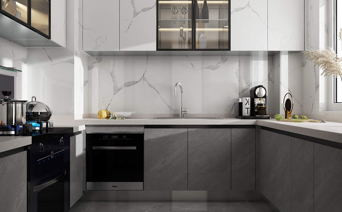 gray glossy kitchen cabinet